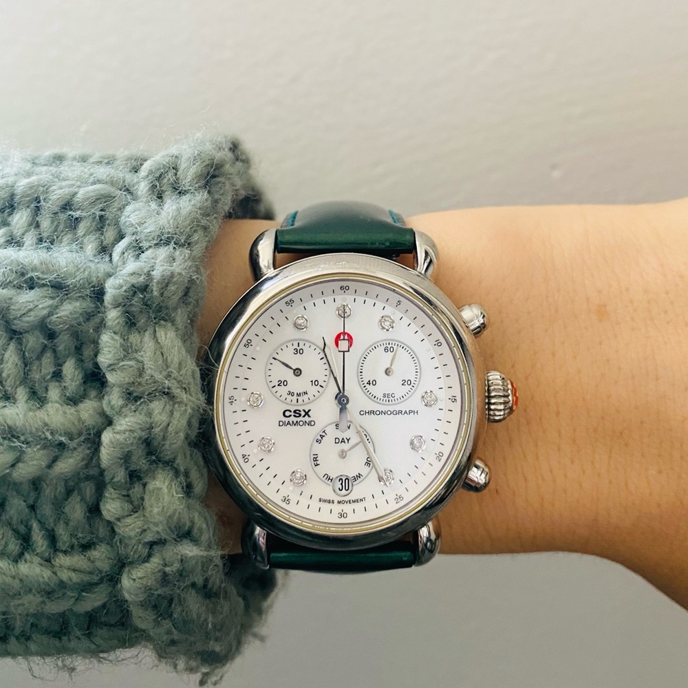 Authentic Michele CSX Diamond watch, emerald green leather strap. Swiss Movement